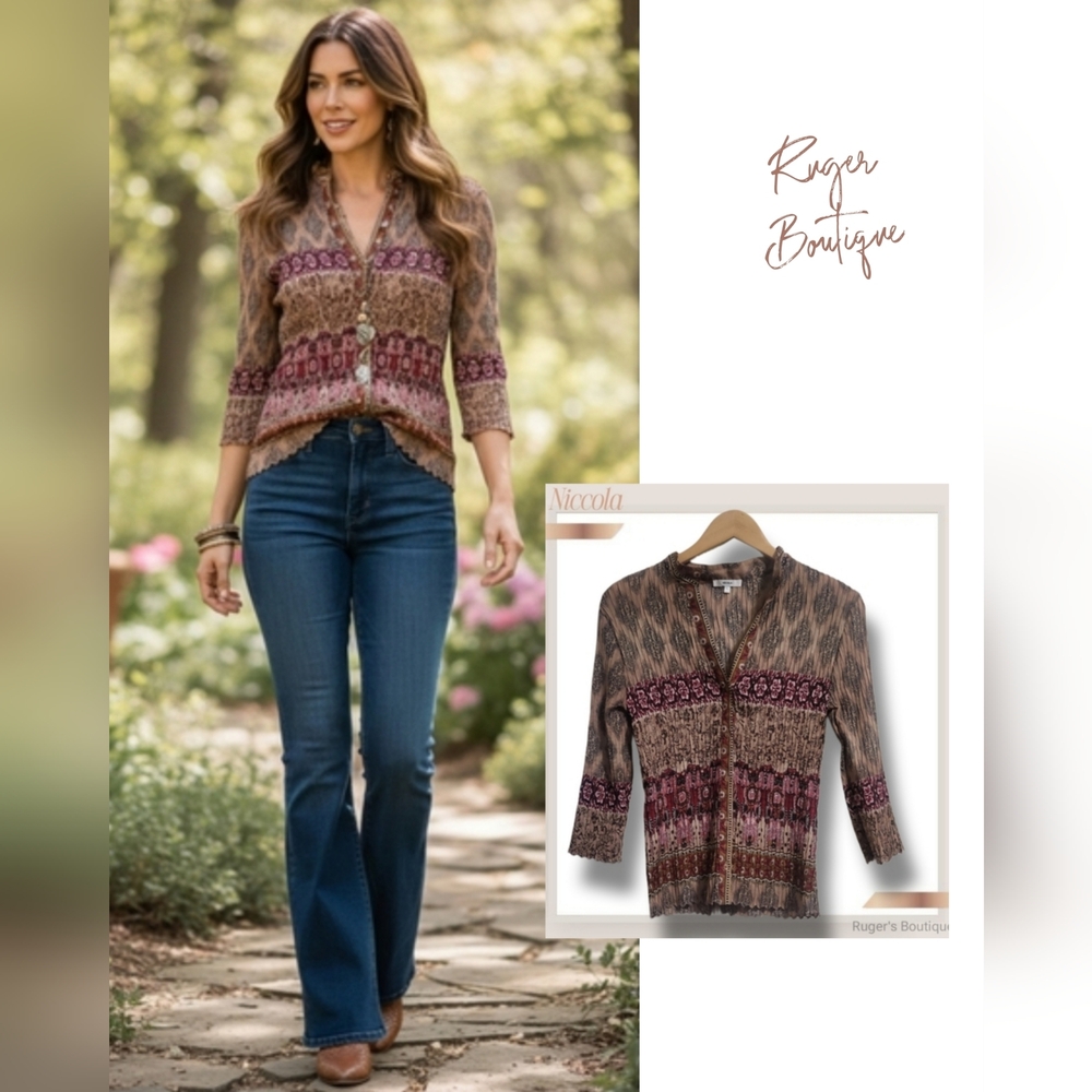 🌿Nicola Women's Large Button-down Front V-neck, Crinkle Stretch Boho Blouse